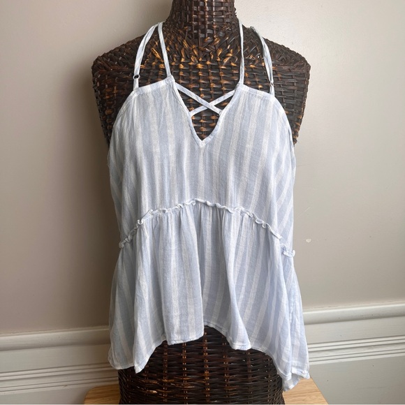American Eagle Outfitters Tops - American Eagle Outfitters Light Blue & White Striped Crisscross Halter Top Sze M